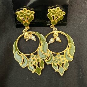 Elegant Gold and Sage Olive Green Enamel Dangle Earrings with white beads NEW